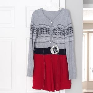 Boutique red gray black long button cardigan Holiday Winter Soft Sweater Size M.